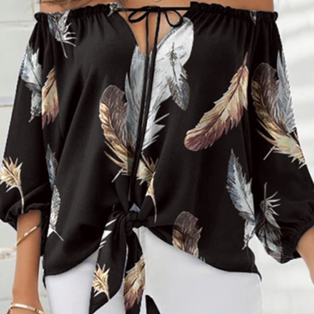 CLEARANCE ☀️ Black Off Shoulder Feather Print Tie Detail Top S - Picture 8 of 9